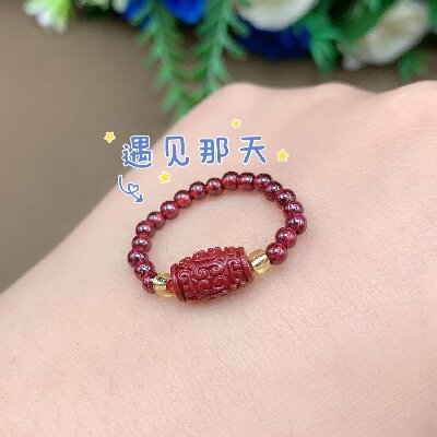 065轉運朱砂彈力戒指麒麟石榴石串珠指環(huán)扭轉乾坤食指戒